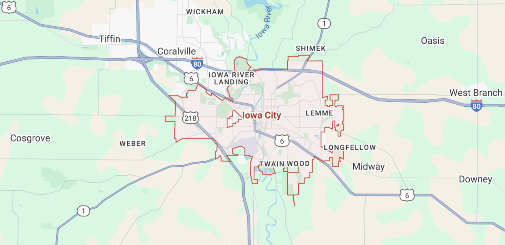 Map showing dump trailer service area covering all of Iowa City, Iowa