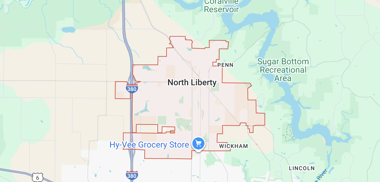 Map showing dump trailer service area covering all of North Liberty, Iowa