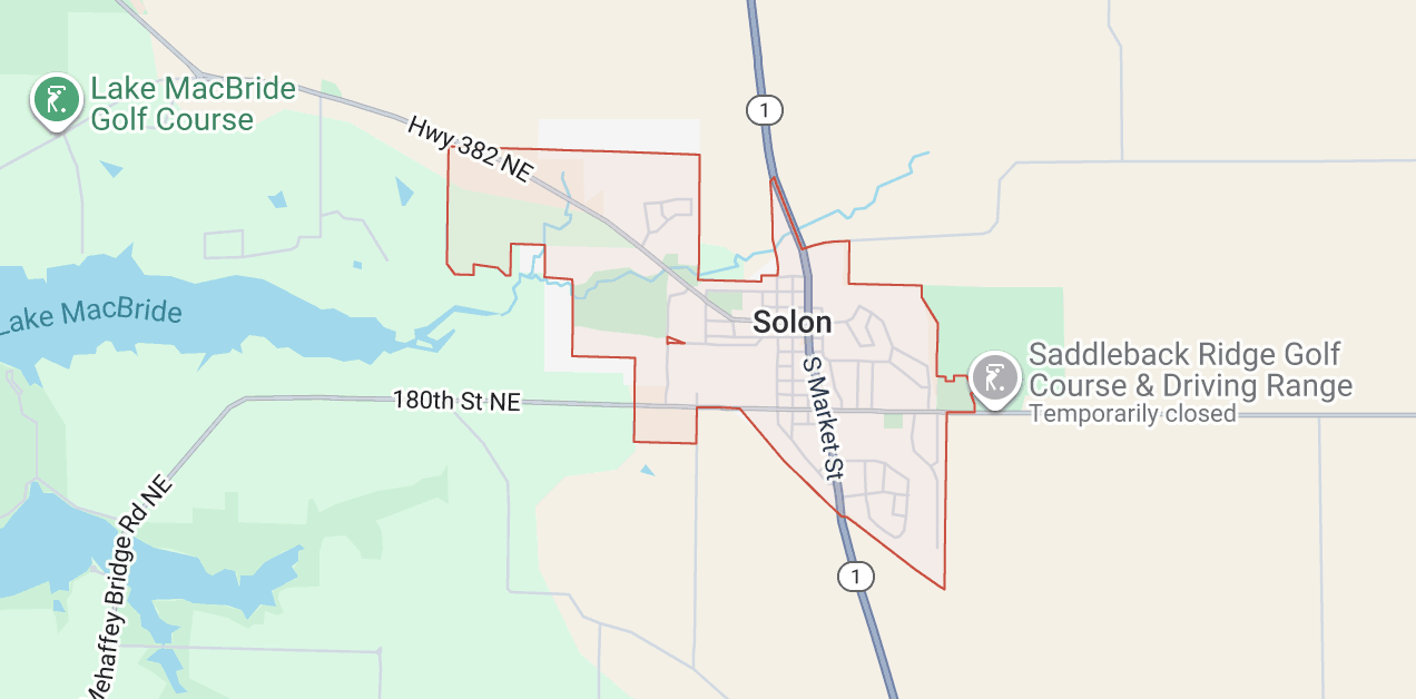 Map showing dump trailer service area covering Solon, Iowa and Lake MacBride area